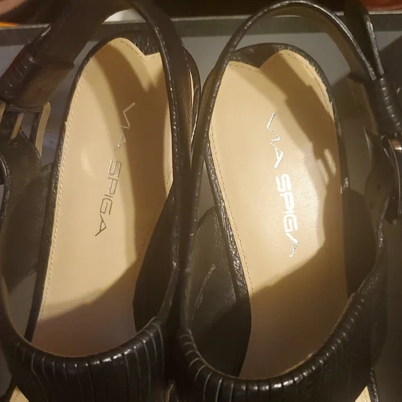 Via Spiga Black Wedge Sandals Strap Leather - Picture 10 of 11